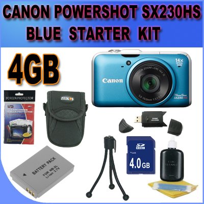 Canon PowerShot SX230HS SX230-HS 12 MP Digital Camera with HS SYSTEM and DIGIC 4 Image Processor (Blue) Starter Bundle 4GB Memory Card, NB5L Battery, Card Reader, Carrying Case, Mini Tripod And More!!!!