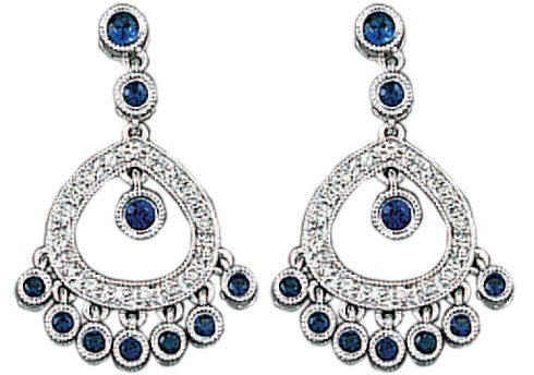 14K White Gold Hand-Crafted Designer Chandelier Earrings, Enhanced with Pave Set Diamonds and Bezel Set Sapphire Stones.(GH-Color, SI-Clarity, c.t.t.w. 0.19CT.,Sapphire 0.86CT).