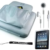 Silver Gray Premium Slim Hard Nylon Cube Case with Pocket for Apple iPad 16GB, 32GB, 64GB Wi-Fi and WiFi + 3G + Includes a 4-inch eBigValue (TM) Determination Hand Strap + Anti-Glare Screen Protector for iPad Tablet ( All Models ) + Fashion Earbud Headset Headphones 3.5mm In-Ear Stereo ( White )