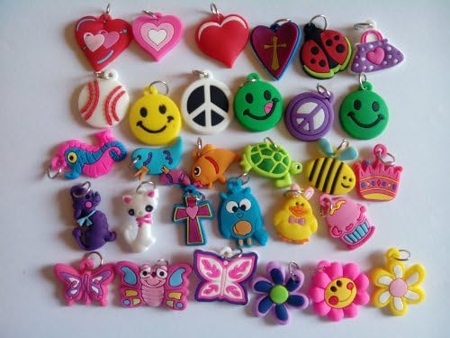 30 Silicone Charms - By Toto Charms - Compatible with All Common Bracelet Rubber Band Loom Kits - Assorted Designs - Colourful - For Childrens' Jewelry, Arts & Crafts