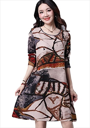 (フムフム) fumu fumu 2016 秋 ワンピース ( 絵柄 レトロ 個性的 ) 楽ちん ミセス 長袖 Aライン きれいめ コーデ レッド ブラウン M L XL XXL