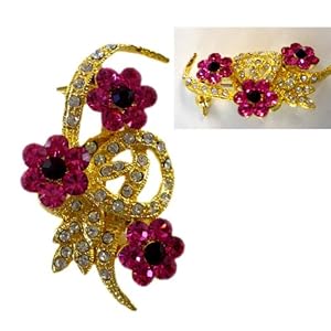 Gold Plated Flower Pin With Pink Diamond Gemstones - Gold Tone Fashion Brooch