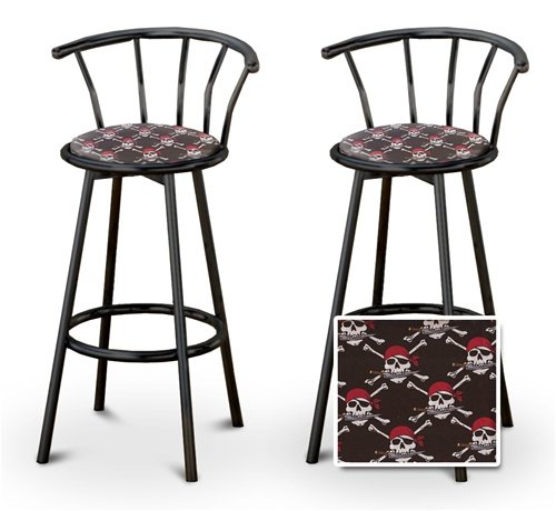 2 Pirate Skull & Crossbones Themed Specialty / Custom Black Barstools with Backrest Set