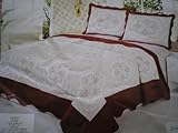3pc Beige / Burgundy 100% Cotton Fully Quilted Embroidery Bed Cover Set Que ....