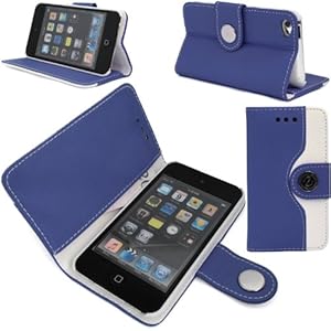 APPLE IPOD TOUCH 4 4TH GEN BLUE AND WHITE MAGNETIC BOOK FLIP PU LEATHER CASE COVER POUCH + SCREEN PROTECTOR +STYLUS