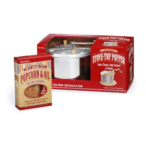 West Bend 6-Quart Stovetop Popcorn Popper with 3 Seasoned Popcorn Packs