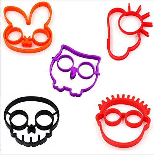 Silicone Egg Mold Owl Skull Cloud And Sun Rabbit Clown Silicone Fried Egg Mold Pancake Ring Gift Novelty Cooking Tools Set.(5pcs/set)