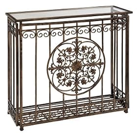 New CBK TABLE EA 1 RECTANGULAR SHAPECONSOL TABLE GLASS TOP LARGE RD FLORAL SCROLL CENTER BROWN IRON