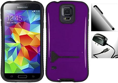 Samsung Galaxy S5 (2014 Edition) Fusion TPU Hybrid Shock Proof Design with Kickstand Valuable Bundle - 1 Purple/Black Slide Proof Grip TPU Fused with Hard Polycarbonate + 1 Travel / Home Wall Charger & Bonus 1 Free Garnet House 4"L Silver Stylus Touch Screen Pen