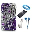 Elegant Purple Rhinestones Protective Case for Apple iPod Touch 4G + Clear Screen Protector + Blue Earphones + USB Car Charger + Wristband