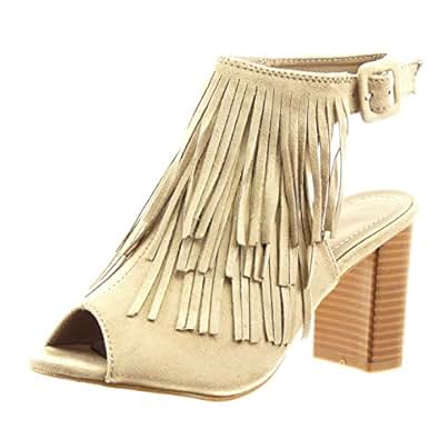 Sopily Chaussure Mode Sandale Bottine ouverte Cheville femmes frange