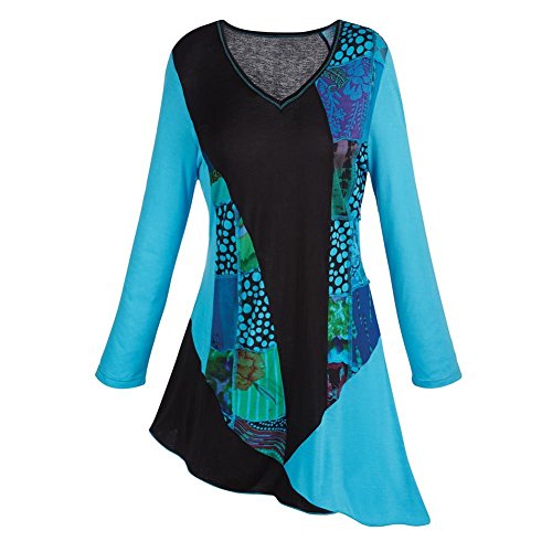 Women's Tunic Top - Blue And Black Flowers Blouse - Asymmetrical Hem
