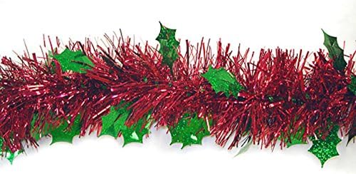 12' Shiny Red Christmas Tinsel Garland with Green Holographic Holly - Unlit(Pack of 2)