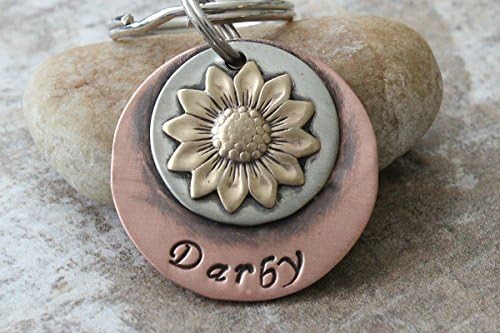 Sunflower pet tag, key chain, zipper pull, or purse charm made of soldered brass, silver, and copper hand stamped, never engraved, and OOAK