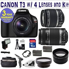 Canon Rebel T3 12.2 MP CMOS Digital SLR Camera with EF-S 18-55mm f/3.5-5.6 IS II Zoom Lens & EF-S 55-250mm f/4.0-5.6 IS Telephoto Zoom Lens + Wide Angle .45x Lens + 2x Telephoto Lens + 16GB Deluxe Accessory Kit