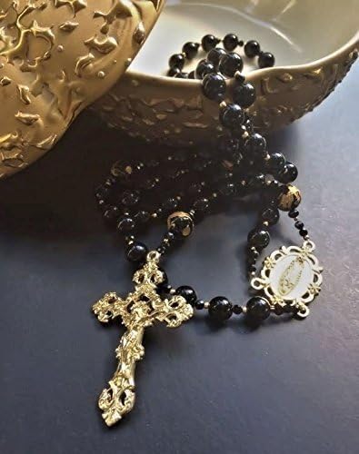 Rosary | Exquisite Sophisticated Black Agate Black Onyx and Gold Catholic Rosary