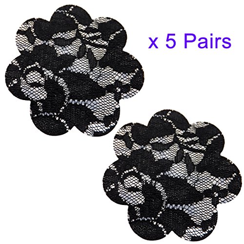 5 Pairs Sexy Lace Adhesive Nipple Cover Pasties Bra Halloween & Christmas Style (Black Flower)
