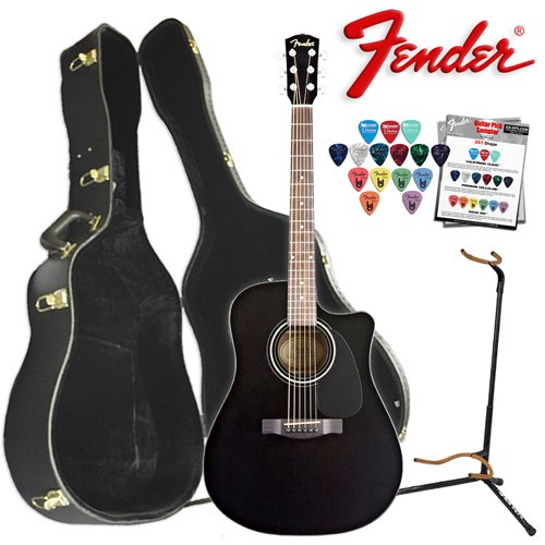 Fender CD-60CE Black Acoustic Electric Guitar with Ultra Stand Hard Case and 12 Pack Pick Sampler