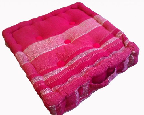 Homescapes Morocco Striped 100% Cotton Floor Cushion Pink 40 x 40 x 10 cm Square Indoor Garden Dining Chair Booster Seat Pad Cushion
