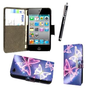 APPLE IPOD TOUCH 4 4TH GEN ULTRA BUTTERFLY BLUE CARD POCKET/MONEY MAGNETIC BOOK FLIP PU LEATHER CASE COVER POUCH + SCREEN PROTECTOR +STYLUS