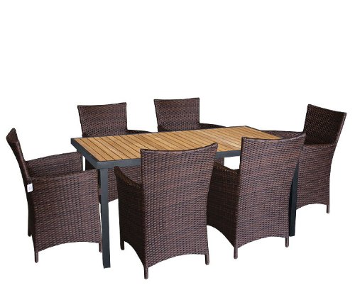 Gartengarnitur Teak Gartentisch Poly-Rattan Sessel – 7tlg