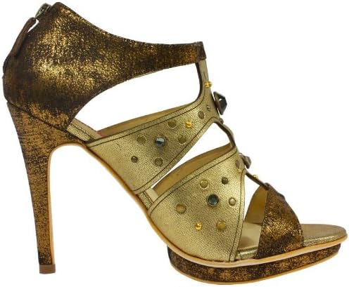 MS Shoe Designs Zara Gold Gem And Studded Gladiator Bootie Pump Heel