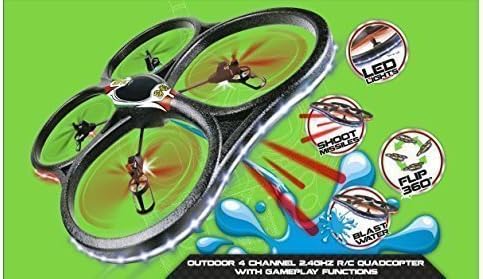 X-BLADEZ Stunt Quad ~ 4 Channel 2.4GHZ R/C Quadcopter ~ Gameplay functions ~ Blast Water ~ Shoot Missiles ~ Flip 360!