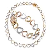 Tri Color Rose,Gold,Vermeil Brushed Heart Bracelet,Necklace And Earrings Set