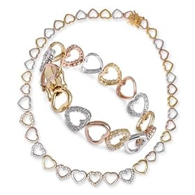 Tri Color Rose,Gold,Vermeil Brushed Heart Bracelet,Necklace And Earrings Set (Valentine's Day Special)