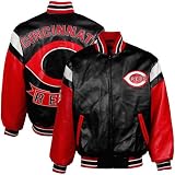 MLB Cincinnati Reds Black Pleather Varsity Full Zip Jacket (Large)