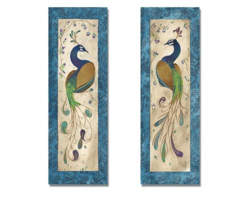 2 Blue Retro Peacock Pair Art Prints Green Purple Feathers D\E9cor 6x18