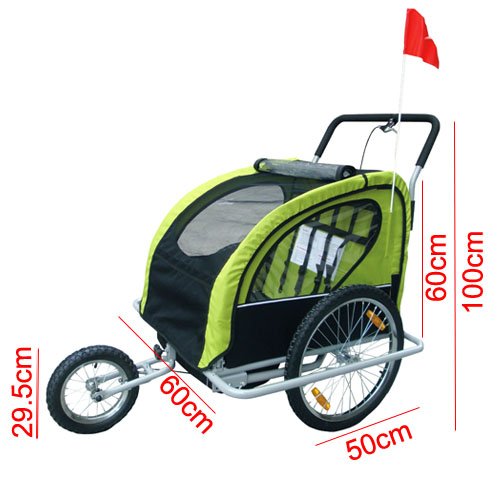 KMS Child 3 In 1 Folded Bike Trailer Stroller Jogger Seat Buggy Lightweight Black Green 1-2 Child 5 Point Harness With Canopy Visible Flag