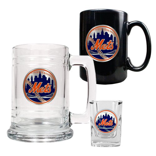 MLB New York Mets 15-Ounce Tankard, 15-Ounce Ceramic Mug & 2-Ounce Shot Glass Set - Primary Logo