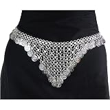 Luscious Chain Link Coin Belt with Stars and Jingling White Brass Coins, Fits waist or hips 34" - 42" for Belly Dancing or Casual Wear