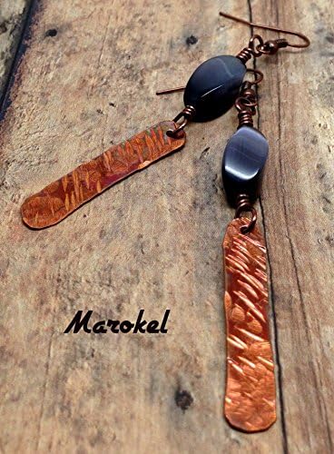 Charcoal Cats Eye glass Copper Earrings Torch Patina Textured Metal Drop Gray MoonStone Drop Earrings