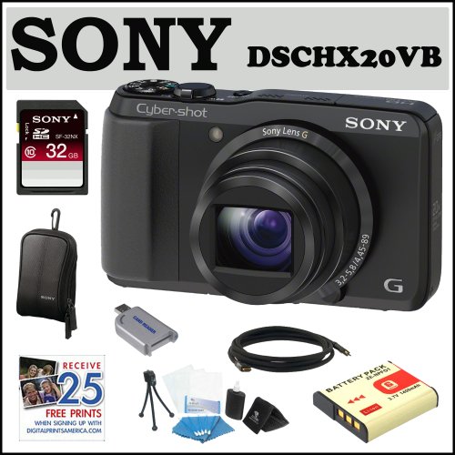 Sony DSC-HX20V/B Cybershot 18.2MP Digital Camera Black + 32GB Class 10 Memory Card + Sony Case Black + Sony Type G Battery + 3 Foot HDMI Mini Cable