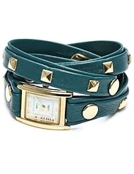La Mer Collections Womens LMLW1010G Stainless Steel and Studded Leather Teal and Gold-Tone Wrap Watch