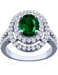 14K White Gold Oval Cut Emerald Ring With Sidestones
