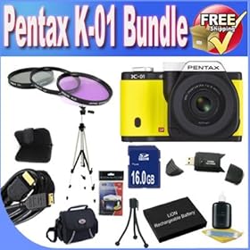 Pentax K-01 16MP APS-C CMOS Compact System Camera With 18-55mm and 55-200mm Lens (Yellow) + Extended Life Battery + 16GB SDHC Class 10 Memory Card + USB Card Reader + Memory Card Wallet + Deluxe Case w/Strap + Shock Proof Deluxe Case + Mini HDMI to HDMI Cable + 3 Piece Professional Filter Kit + Prof