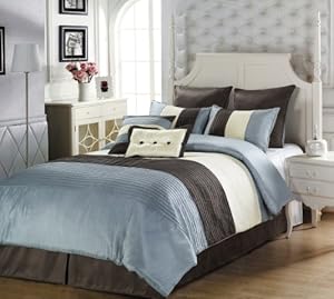 Chezmoi Collection 8 Pieces Beige, Blue and Brown Luxury Stripe Comforter (86