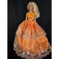 Orange Party Dress with White and Brown Lace Made to Fit the Barbie Doll