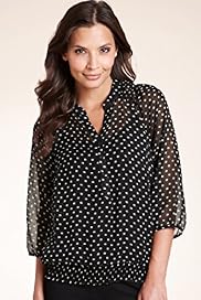 Open Neck Collar Spot Print Smocked Blouse