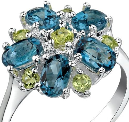 PEORALondon Blue Topaz and Peridot Flower Ring for Women 925 Sterling Silver, Natural Gemstones, 3.25 Carats total, Sizes 5 to 9