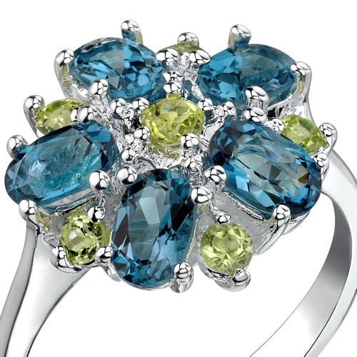 PEORALondon Blue Topaz and Peridot Flower Ring for Women 925 Sterling Silver, Natural Gemstones, 3.25 Carats total, Sizes 5 to 9