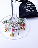 Flowers & Insects Wine Glass Charms, Set of 7 (Tags/Markers), Hand Painted w/ Sateen Storage Bag
