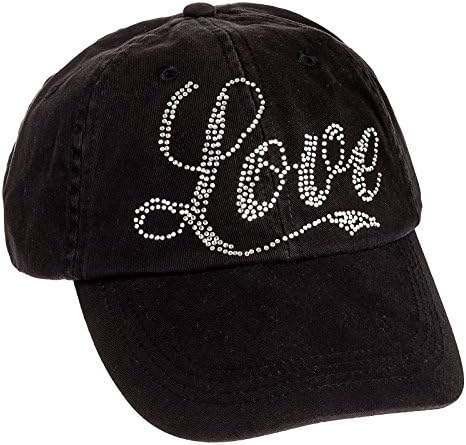 Women's Crystal Love Script Adjustable Baseball Cap Rhinestone Bling Hat (Black)