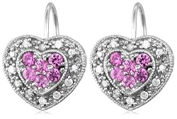 10k White Gold Diamond and Pink Sapphire Heart-Shaped Earrings