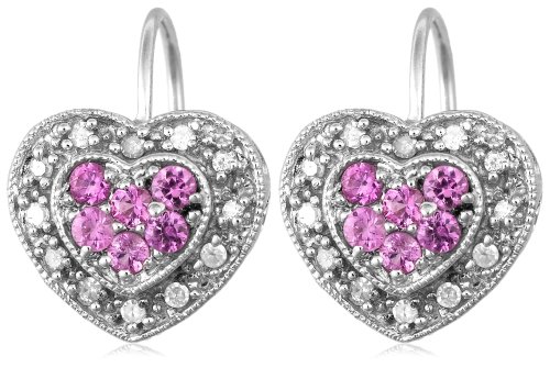 10k White Gold Diamond and Pink Sapphire Heart Shaped Earrings