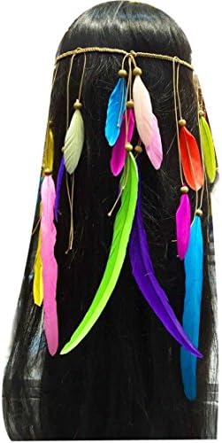 Tesiro Feather Leaf Fringe Headdress Hair Peacock Headpieces Headband (Rainbow)