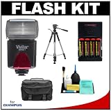 Vivitar High Power Auto Flash DF-383 with Bounce & Swivel Head + Gadget Bag + (4) AA Batteries & Charger + Tripod for Olympus Evolt E-5, E-30, E-3, Evolt E-420, E-620, Pen E-PL2 Digital SLR Cameras
